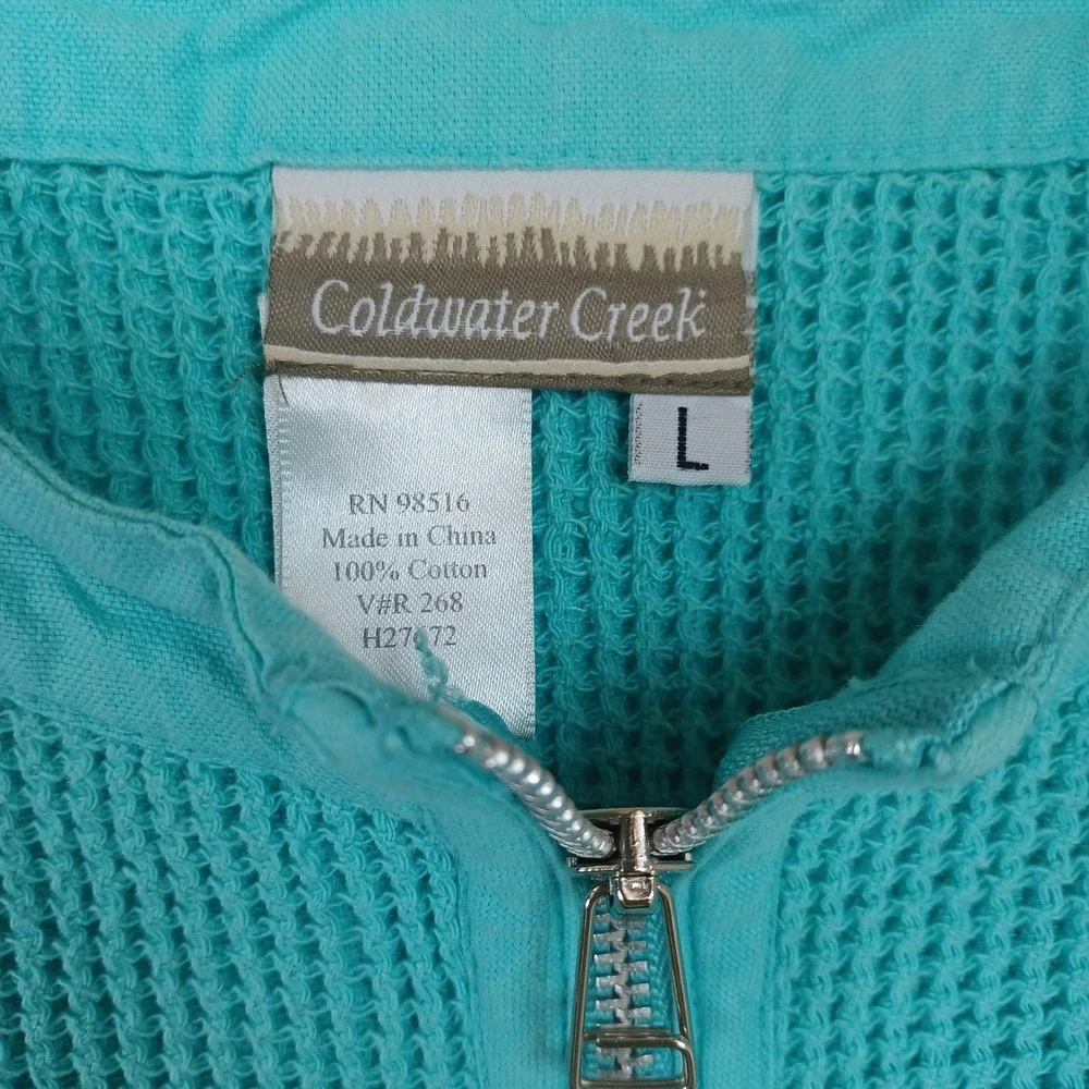 Coldwater Creek Womens Turquoise Cotton Waffle Knit‎ Zip Cardigan & Tee Set L M